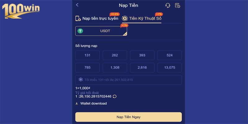 Giao diện chọn nạp tiền 100win bằng thẻ cào