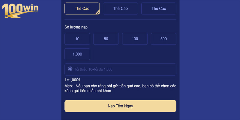 Quy trình nạp tiền 100win kết thúc nhanh chóng